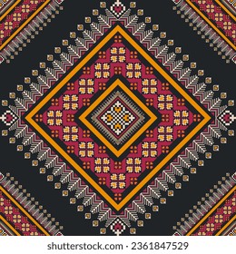 Ethnic embroidery geometric pattern. Vector geometric square floral stitch seamless pattern pixel art style. Ethnic geometric stitch pattern use for fabric, textile, home decoration elements, etc.