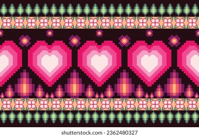 Ethnic embroidery geometric pattern. Vector geometric square floral stitch seamless pattern pixel art style. Ethnic geometric stitch pattern use for fabric, textile, home decoration elements, etc.
