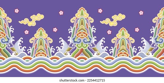 Ethnic embroidery mountains waves seamless pattern