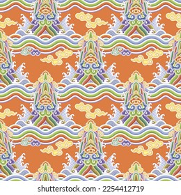 Ethnic embroidery mountains waves seamless pattern