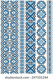 Ethnic embroidery patterns and borders with blue geometric ornament for needlework template or fabric design 