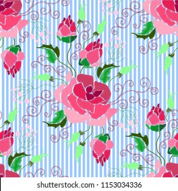 Ethnic embroidery pink red rose flowers floral seamless pattern design. Fashion satin stitches ornament on blue striped for textile, fabric traditional folk decoration. Vector illustration stock vect