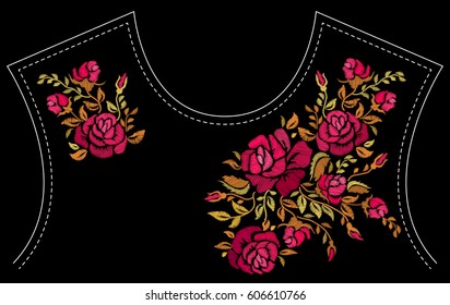 Ethnic embroidery rose flowers floral design for neckline. Fashion satin stitch stitches ornament on black for textile, fabric traditional folk decoration. Vector illustration stock vector.