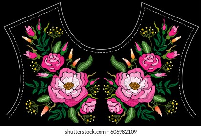 Ethnic embroidery rose peony flowers floral design for neckline. Fashion satin stitch stitches ornament on black for textile, fabric traditional folk decoration. Vector illustration stock vector.