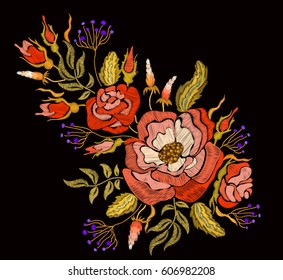 Ethnic embroidery rose peony flowers and herbs floral design. Fashion satin stitch stitches ornament on black for textile, fabric traditional folk decoration. Vector illustration stock vector.