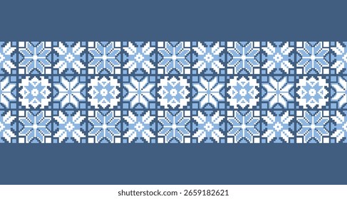 Frontera étnica interminable con adorno de píxeles. Patrón de patchwork geométrico en colores azul y blanco. Fondo Horizontal para la Plantilla del Anuncio. Imprimir en tela y papel. Diseño de Vector para textil.
