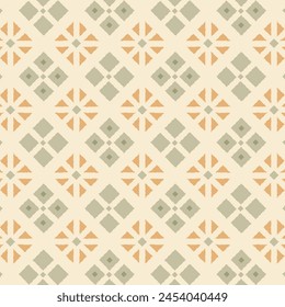 Ethnic endless tile pattern of geometric flowers in muted light ginger and sage color. Repeat rhombus mosaic in mediterranean style.