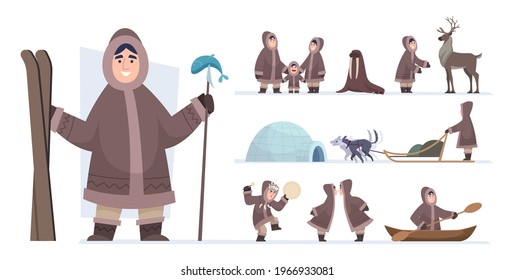 Ethnic eskimo people. Authentic alaska persons male and female wild hunters exact vector adventure concept characters in cartoon style