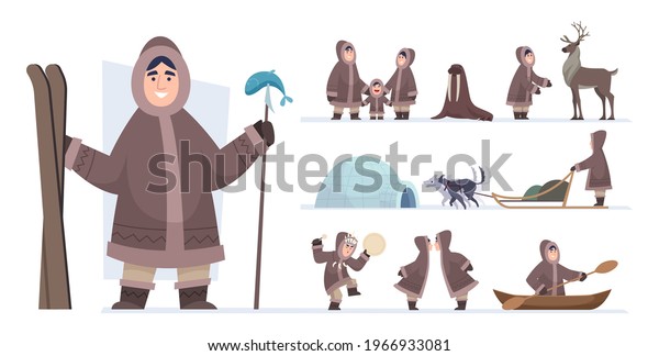 Ethnic eskimo people. Authentic alaska persons male\
and female wild hunters exact vector adventure concept characters\
in cartoon style