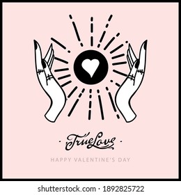 Ethnic esoteric Valentine's day card with hands, moon, heart. True love. Magic Hand drawn, doodle, sketch line style. Vector illustration