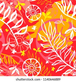 Ethnic exotic batik tropical seamless pattern. Abstract coroful summer time decoration, collage tropical palm leaves hearts flowers brush stroke ornament. Hand drawn vector illustrations.