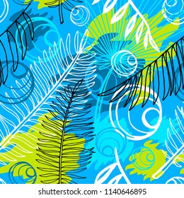 Ethnic exotic batik tropical seamless pattern. Abstract coroful summer time decoration, collage tropical palm leaves hearts flowers brush stroke ornament. Hand drawn vector illustrations.