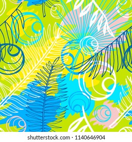 Ethnic exotic batik tropical seamless pattern. Abstract coroful summer time decoration, collage tropical palm leaves hearts flowers brush stroke ornament. Hand drawn vector illustrations.