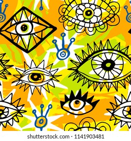 Ethnic exotic batik tropical seamless pattern. Abstract coroful summer time decoration, collage tropical eyes stars flowers brush stroke ornament. Hand drawn vector illustrations.