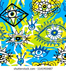 Ethnic exotic batik tropical seamless pattern. Abstract coroful summer time decoration, collage tropical eyes stars flowers brush stroke ornament. Hand drawn vector illustrations.