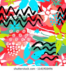 Ethnic exotic batik tropical seamless pattern. Abstract coroful summer time decoration, collage tropical palm leaves hearts flowers brush stroke ornament. Hand drawn vector illustrations.