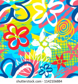 Ethnic exotic batik tropical seamless pattern. Abstract coroful summer time decoration, collage tropical palm leaves hearts flowers brush stroke ornament. Hand drawn vector illustrations.