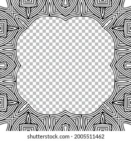 Ethnic exotic pattern in the style of oriental handmade. Geometric isolated black white frame for text. Template for creativity, coloring.