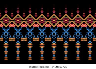 Ethnic fabric design in pixel style Use red, pink, blue and yellow floral patterns. It has a black background for weaving and embroidery.