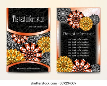 Ethnic, fabric, motifs.Card with floral pattern mandala and ornaments. Floral vector Oriental flyer design layout template, Size A5. The obverse and reverse sides. Easy to use and edit. frame for text