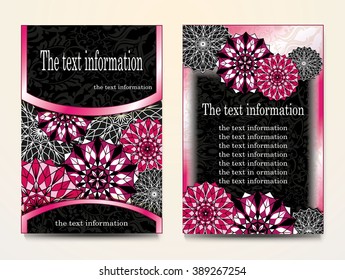 Ethnic, fabric, motifs.Card with floral pattern mandala and ornaments. Floral vector Oriental flyer design layout template, Size A5. The obverse and reverse sides. Easy to use and edit. frame for text