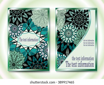 Ethnic, fabric, motifs.Card with floral pattern mandala and ornaments. Floral vector Oriental flyer design layout template, Size A5. The obverse and reverse sides. Easy to use and edit. frame for text