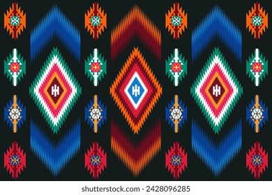 Patrón de tela étnica, negro, azul, verde, naranja, rojo, formas geométricas para textiles y ropa, mantas, alfombras, mantas, ilustración vectorial.