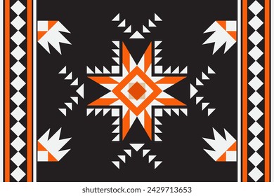 Patrón de tela étnica, negro, naranja, blanco, diseño geométrico para textiles y ropa, mantas, alfombras, mantas, telas decorativas. Ilustración vectorial.