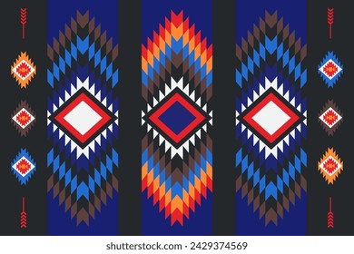 Ethnic fabric pattern, black, red, yellow, blue, geometric shapes for textiles and clothing, blankets, rugs, blankets, vector illustration.