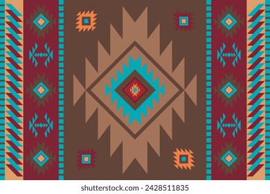 Ethnic fabric pattern, brown, red, blue, geometric shapes for textiles and clothing, blankets, rugs, blankets, vector illustration.