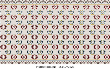 Ethnische Stoffmuster mit geometrischen Mustern entworfen, blau, grün, gelb, rot, marineblau für Textilien und Kleidung, Teppiche, Teppiche, Decken. Vektorgrafik.
