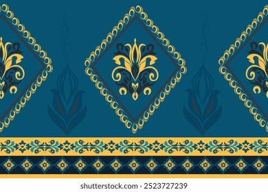 Ethnic fabric pattern geometric and African Ikat embroidery Ethnic on blue-green tone style, for texture, clothing, wrapping,decoration,carpet.