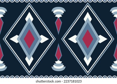 Ethnische Stoffmuster Muster geometrischen Stil. Sarong Aztec Ethnisch-orientalisches Muster traditionelle Navy Blue Hintergrund. Abstrakt, Vektorgrafik, Illustration. Verwendung für Textur, Kleidung, Umhüllung, Dekoration, Teppich. 