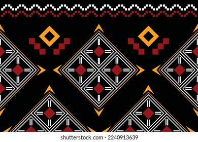 Estilo geométrico del tejido étnico. Sarong Aztec Patrón étnico oriental tradicional de fondo negro oscuro. Resumen,vector,ilustración. uso para textura, ropa, envoltura, decoración, alfombra.