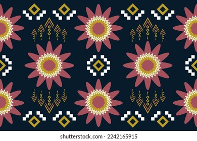 Estilo geométrico del tejido étnico. Sarong Aztec Patrón étnico oriental tradicional fondo azul oscuro. Resumen,vector,ilustración. uso para textura, ropa, envoltura, decoración, alfombra.