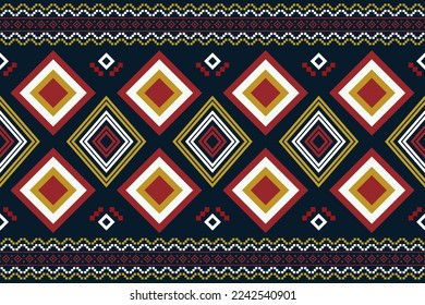 Ethnische Stoffmuster Muster geometrischen Stil. Sarong Aztec Ethnisch-orientalisches Muster traditionell dunkelblauer Hintergrund. Abstrakt, Vektorgrafik, Illustration. Verwendung für Textur, Kleidung, Umhüllung, Dekoration, Teppich.