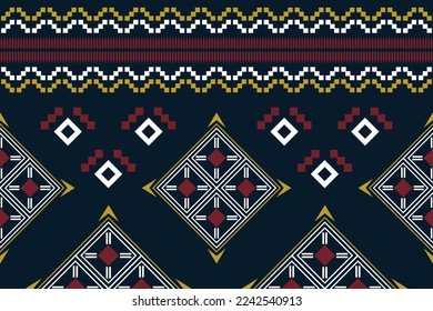 Estilo geométrico del tejido étnico. Sarong Aztec Patrón étnico oriental tradicional fondo azul oscuro. Resumen,vector,ilustración. uso para textura, ropa, envoltura, decoración, alfombra.
