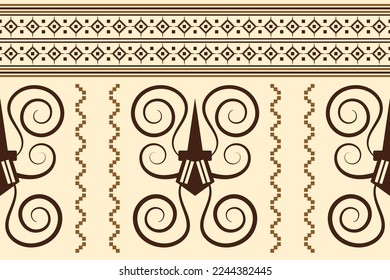 Ethnische Stoffmuster Muster geometrischen Stil. Sarong Aztec Ethnisch-orientalisches Muster traditionell orangefarbener Hintergrund. Abstrakt, Vektorgrafik, Illustration. Verwendung für Textur, Kleidung, Umhüllung, Dekoration, Teppich.