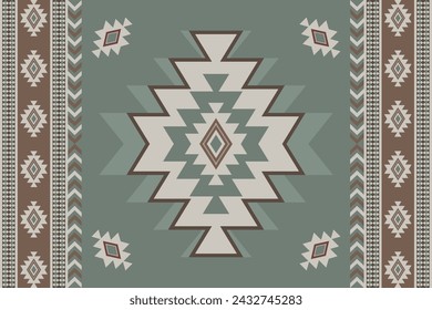 Ethnic fabric pattern, green, gray, brown, geometric design for textiles and clothing, blankets, rugs, covers, vector illustration.