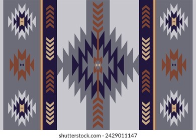 Ethnic fabric pattern, grey, blue, brown, geometric shapes for textiles and clothing, blankets, rugs, blankets, vector illustration.