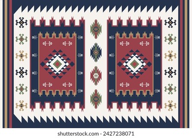 Ethnic fabric pattern, navy blue, brown, yellow, green, geometric shapes for textiles and clothing, blankets, rugs, blankets, vector illustration.