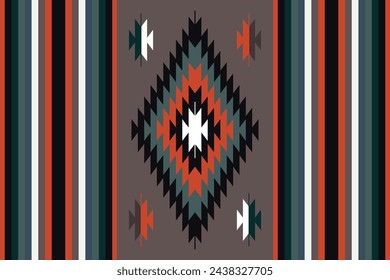 Ethnic fabric pattern, orange, brown, green, black, geometric design for textiles and clothing, blankets, rugs, covers, vector illustration.