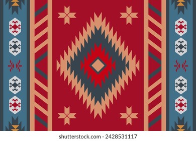 Ethnic fabric pattern, red, blue, yellow, geometric shapes for textiles and clothing, blankets, rugs, blankets, vector illustration.