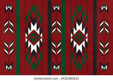 Ethnisches Stoffmuster, rot, grün, weiß, schwarz, geometrisches Design für Textilien und Kleidung, Bezüge, Teppiche, Decken, Vektorillustrationen.