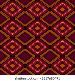 Ethnic fabric pattern, tribal style, geometric shapes, hand drawn, abstract, prominent on purple, red, brown, orange, black lines.