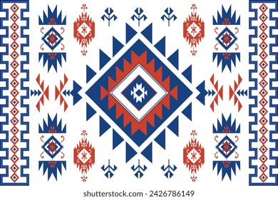 Ethnische Stoffmuster, weiß, blau, orange, geometrische Formen für Textilien und Kleidung, Decken, Teppiche, Decken, Vektor-Illustration.