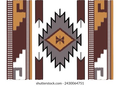 Ethnic fabric pattern, white, brown, black, yellow, geometric design for textiles and clothing, blankets, rugs, blankets, vector illustration.