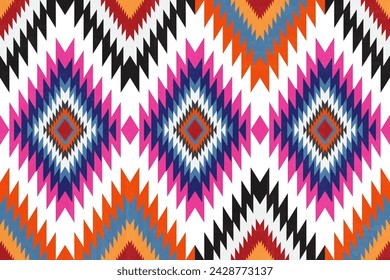 Ethnic fabric pattern, white, pink, blue, orange, red, geometric shapes for textiles and clothing, blankets, rugs, blankets, vector illustration.