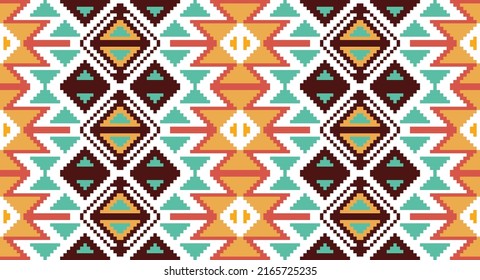 Ethnic fabric patterns of East Asian tribes It consists of small squares, pixel art, combined to form an Aztec image. There are rhombuses, triangles, diamonds, geomagnetic shapes interspersed with bea