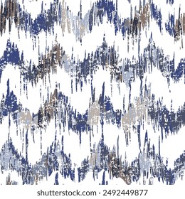 Tejido étnico sin costuras azul oscuro patrón multicolor. Impresión en zigzag a mano alzada. Fondo de diseño boho chic. Fondo de pantalla tribal. Pincel líneas onduladas. Geométrico dibujado a mano